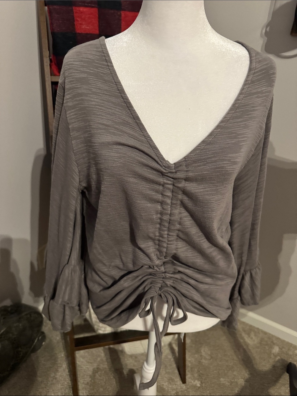 EARTHBOUND Taupe Drawstring V-Neck Ruched Front Top